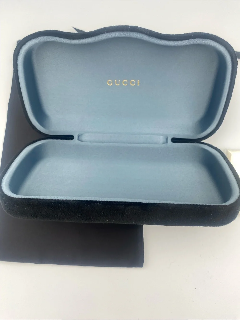 Gucci Black Exterior Sunglass Case with Light Blue Interior and Cloth
